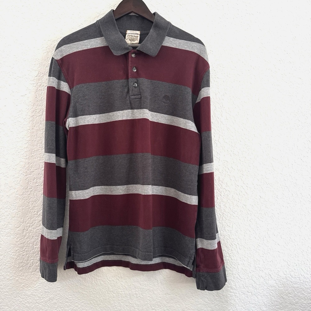 Vintage Timberland Striped Rugby Polo Long Sleeve Burgundy Grey Mens Size L